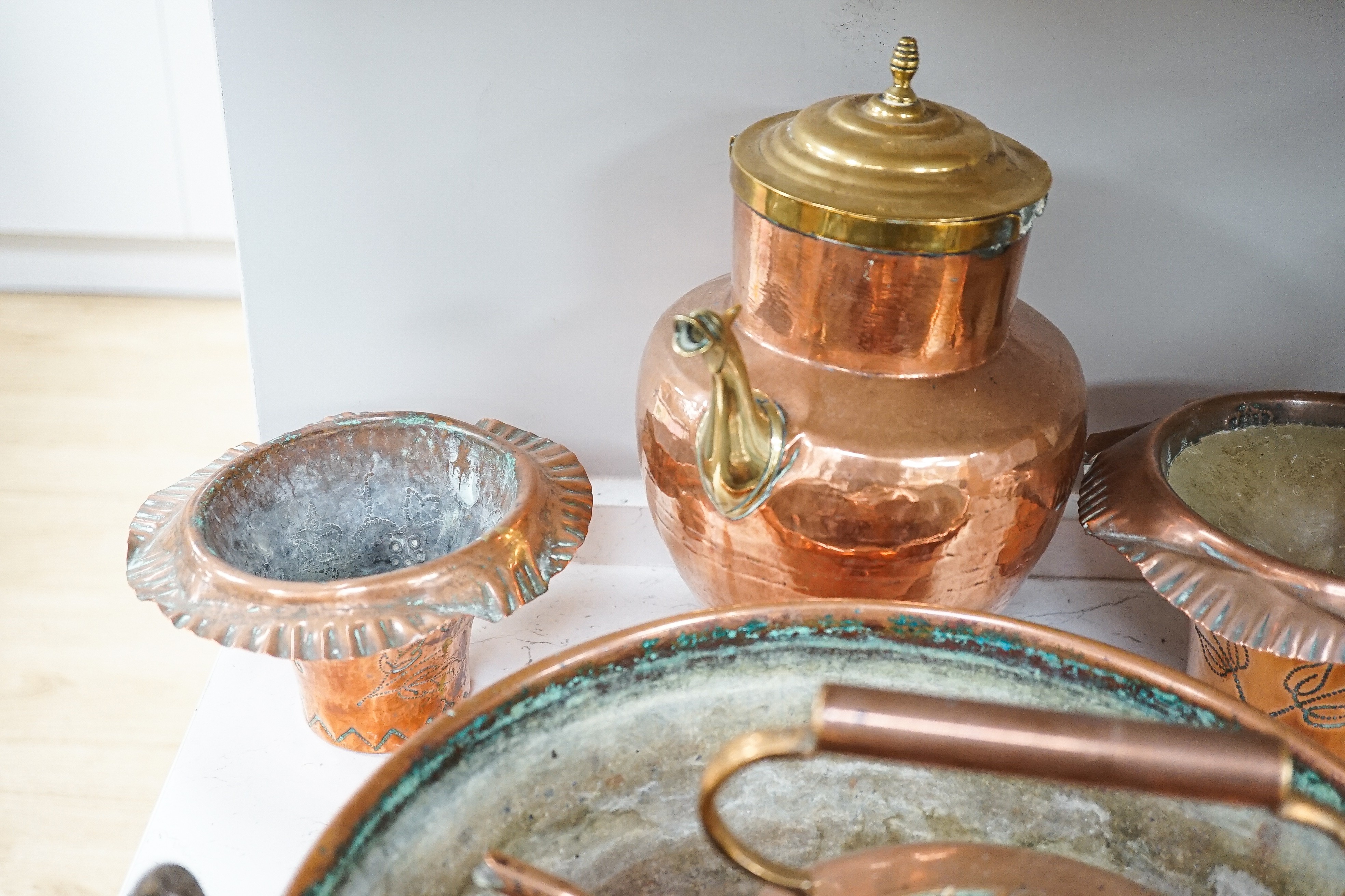 Mixed copper wares including teapot, preserve pan etc.